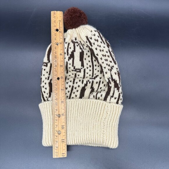 Vintage Scarf Winter Hat Set Brown Cream Penguins 1980s Fringe Beanie Toboggan - Picture 6 of 7